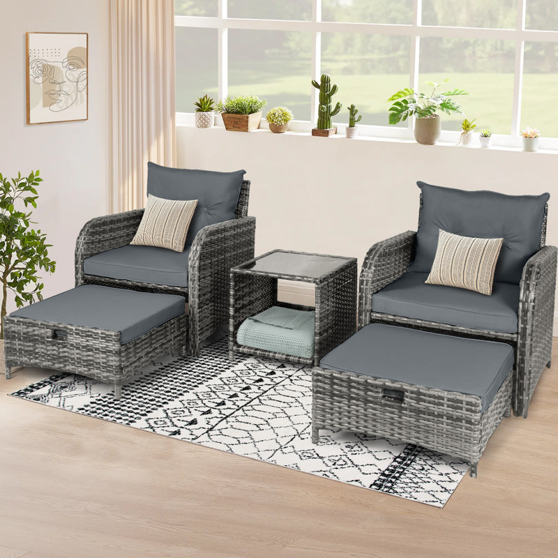Constantino 2-Person Outdoor All-Weather Wicker Conversation Set with Ottomans and Tempered Glass Coffee Table