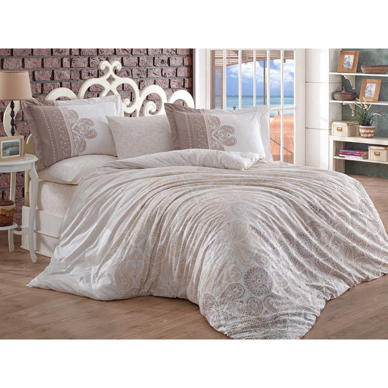 Adorne 100% Cotton Duvet Cover Set, Beige/White, 94" x 87" Duvet Cover + 2 24" x 24" Pillowcases