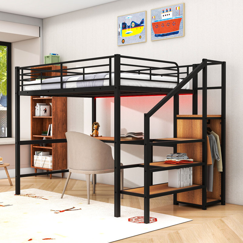 Full Metal Loft Bed With Desk, Staircase Storage, Wardrobe And LED Light, Black