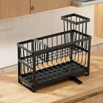 Countertop Kitchen Sink Storage Caddy Organizer, Double Layer Matte Black Carbon Steel Brush and Sponge Holder