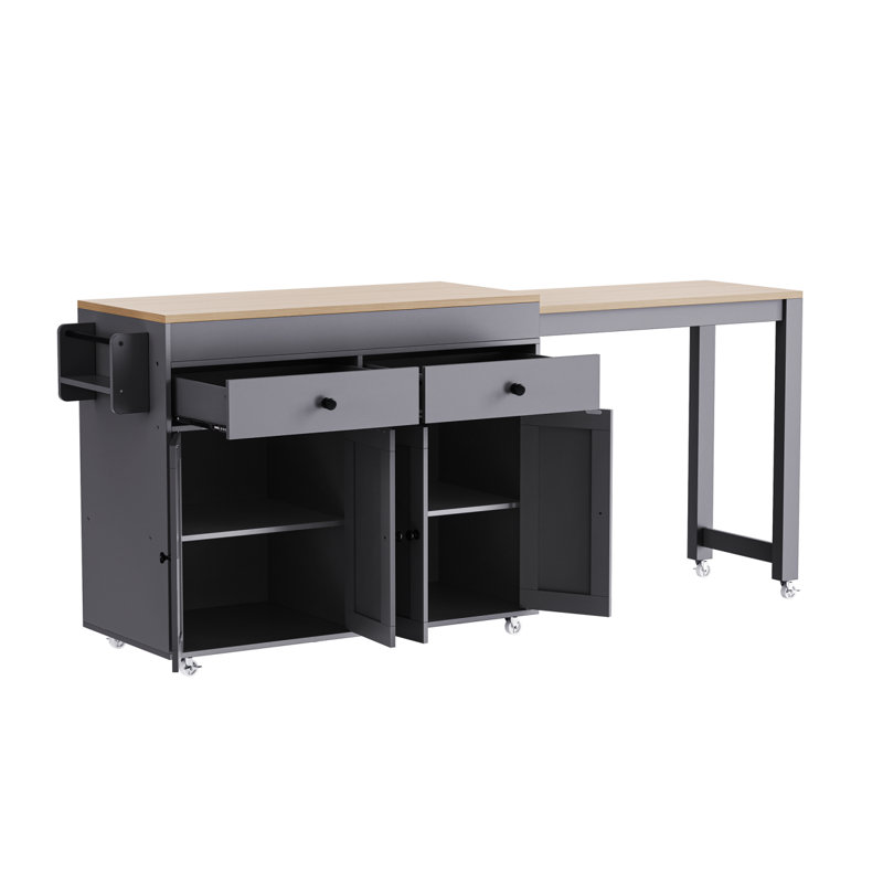 K&K 74.5 Inch Kitchen Island With Extendable Dining Table , Rolling Kitchen Island On Wheels With Spice Rack And 2 Drawers,  Kitchen Storage Cart With 4 Door Cabinet, For Kitchen, Dining Room, Grey