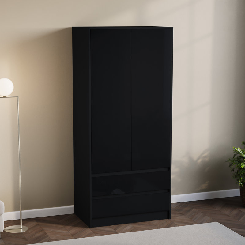 2 Door 2 Drawer High Gloss Wardrobe, (FSC 100%) Bedroom Home Clothing Storage Furniture, Black