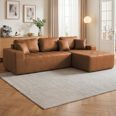 Faux Leather Corner Chaise Compression Sofa Bed, L-Shaped Sectional Couch with High-Density Sponge, No-Assembly Required Convertible Sofa for Living Room, Apartment, Guest Room(Light Brown)