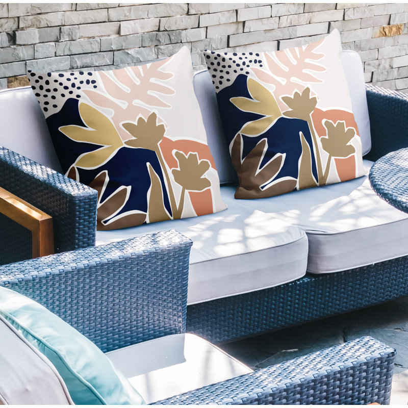 Jeté carré en polyester / mélange de polyester intérieur / extérieur, L 15 po x H 15 po, Saumon / bleu marine / beige