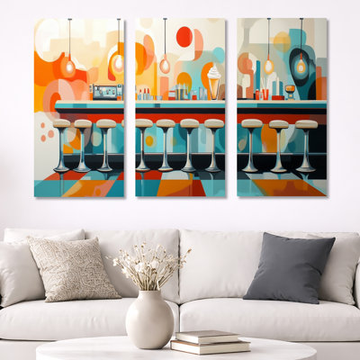 1950's Vintage Diner Scene - Ensemble d'art mural sur toile encadré de style Mid-Century de 3
