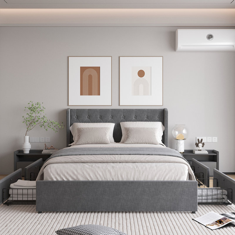 Structure de grand lit gris foncé avec 4 bacs de rangement et tête de lit à oreilles, bouton, assemblage par l'utilisateur avec tiroirs gris, configuration simple