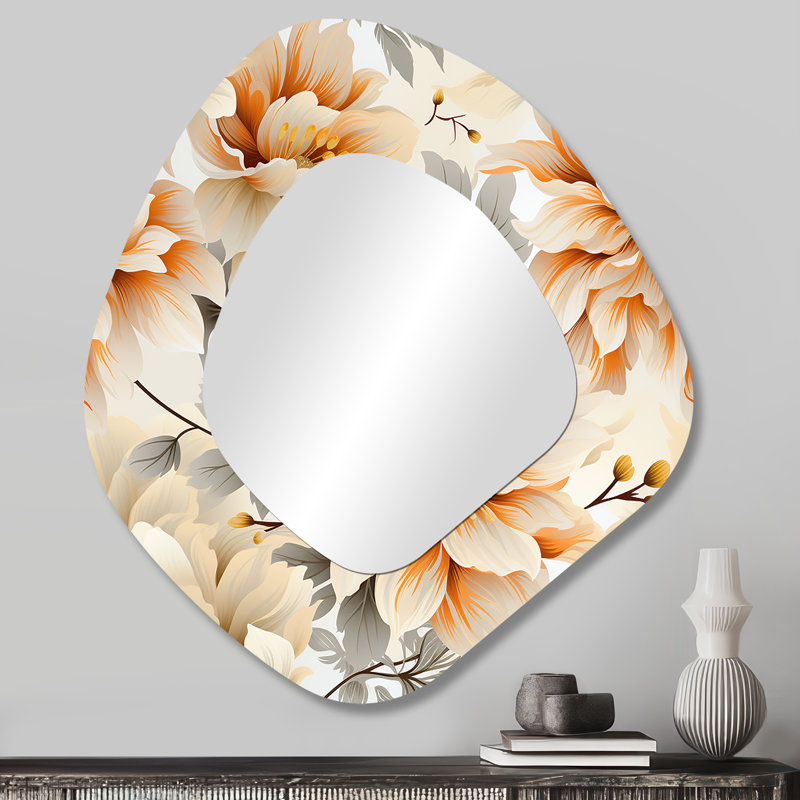 Ethereal Serenity Peonies Boho Pattern I - Floral Asymmetrical Large Wall Mirror, Cottage Irregular Shape Unique Mirror, Printed Metal Art
