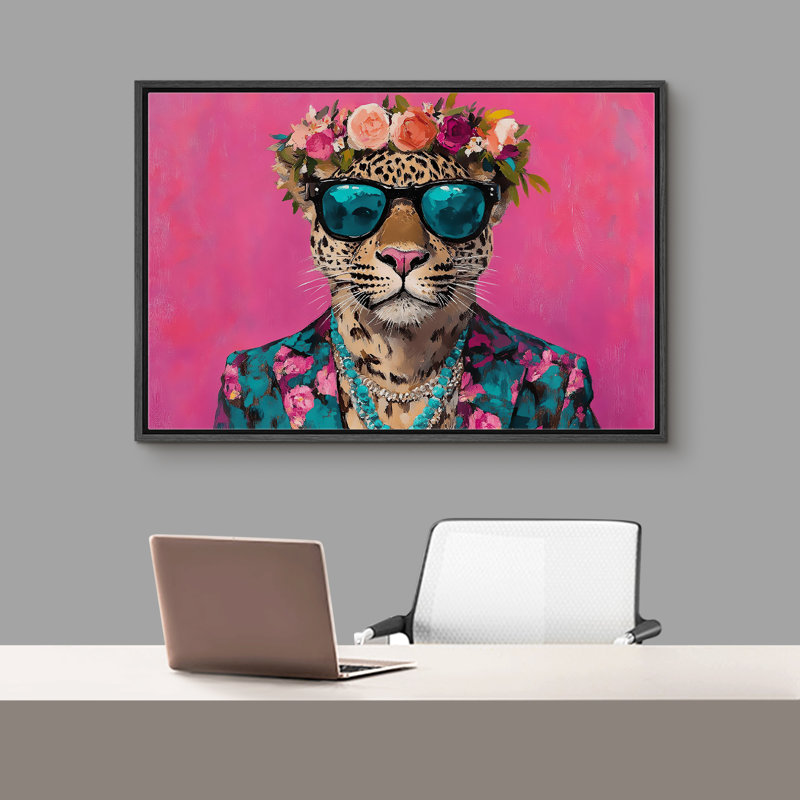 «Bright Preppy Animals», léopard rose vif avec couronne de fleurs, impression sur toile encadrée, Cadre noir