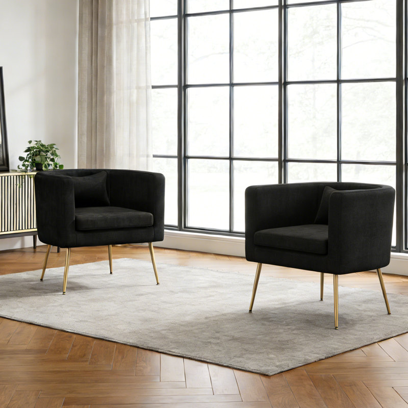 Upholstered Velvet Barrel Chair with Metal Legs, Black