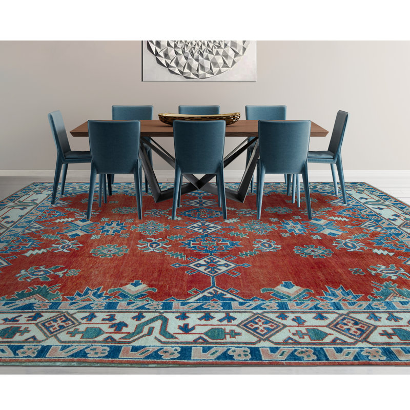 Wool Oriental Area Rug in Rust/Ivory/Blue, Rectangle 4'2" x 6'2"