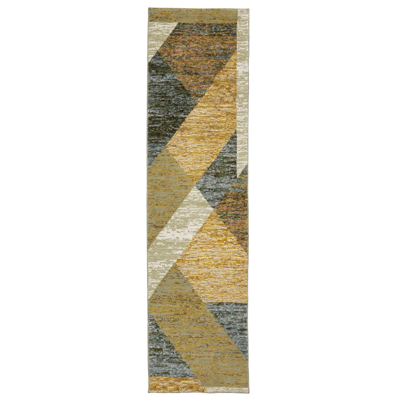 Tapis abstrait ivoire / beige / bleu Sitton, Tapis de couloir 2 pi 3 po x 8 pi