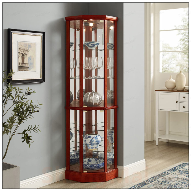 Vitrine de coin à 6 tablettes avec tablettes réglables en verre trempé et dossier en miroir élégant, parfait pour exposer des objets de collection et économiser de l'espace