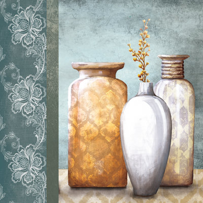 Teal Flowerd Vessels - Wrapped Canvas Painting