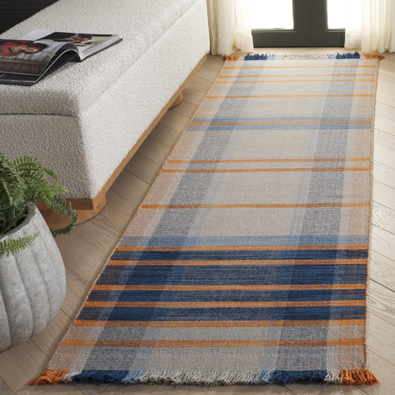 Anjail Flat Weave Wool/Cotton Plaid Rug in Orange/Blue, Runner 2'3" x 8'