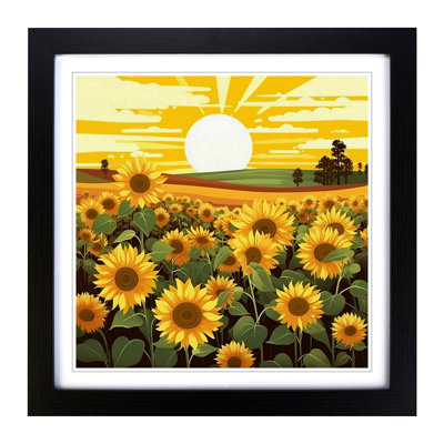 Sunflower Field Graphic Art - Single Picture Frame Print on Wood