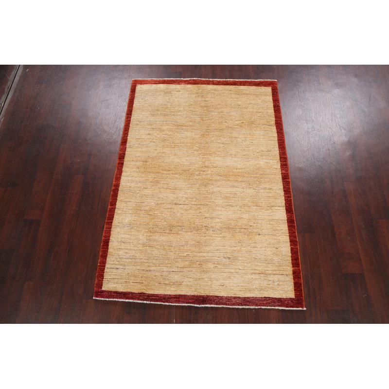 Tapis beige en laine noué à la main de conception unique 3 pi 11 po x 5 pi 8 po New Age