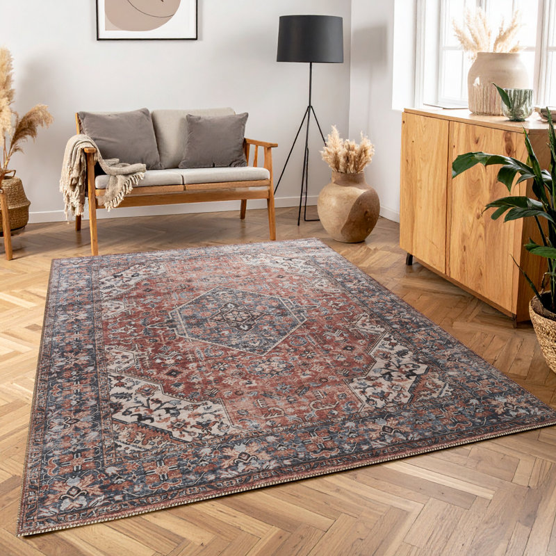 Ellerbe Oriental Vintage Look Machine Woven Polyester Indoor Area Rug in Blue Red Pink Ivory, 7'10"x10'6"