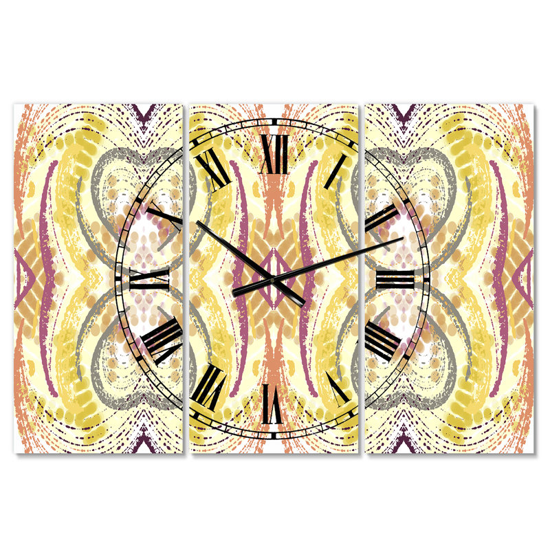 Très grande horloge murale 3 panneaux Mid-Century jaune et mauve