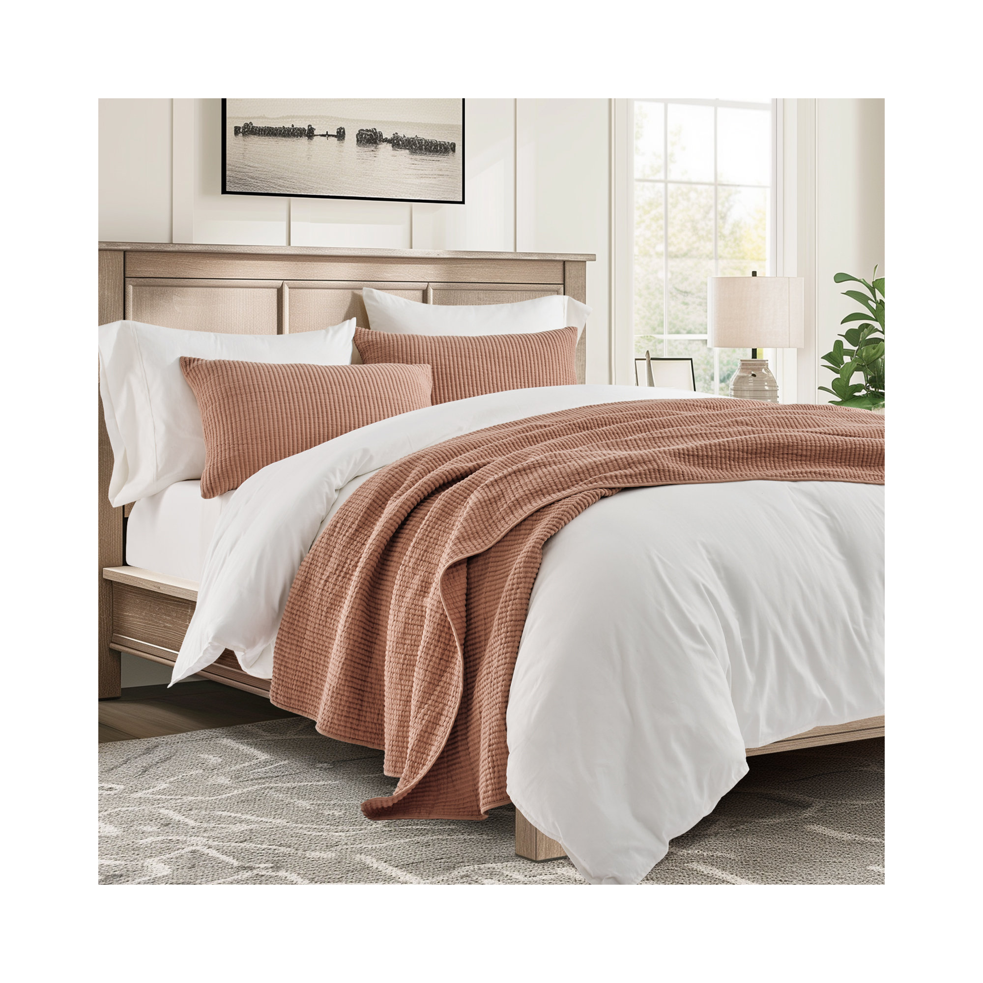 Ribbed Matelassé Cotton Coverlet Set, King Quilt + 2 King Shams, Clay