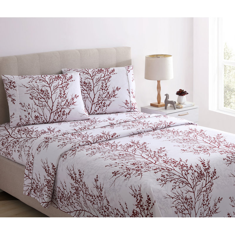 Foliage Microfiber Floral Sheet Set, Ivory/Burgundy, Full Sheet with Fitted Sheet and 2 Pillowcases