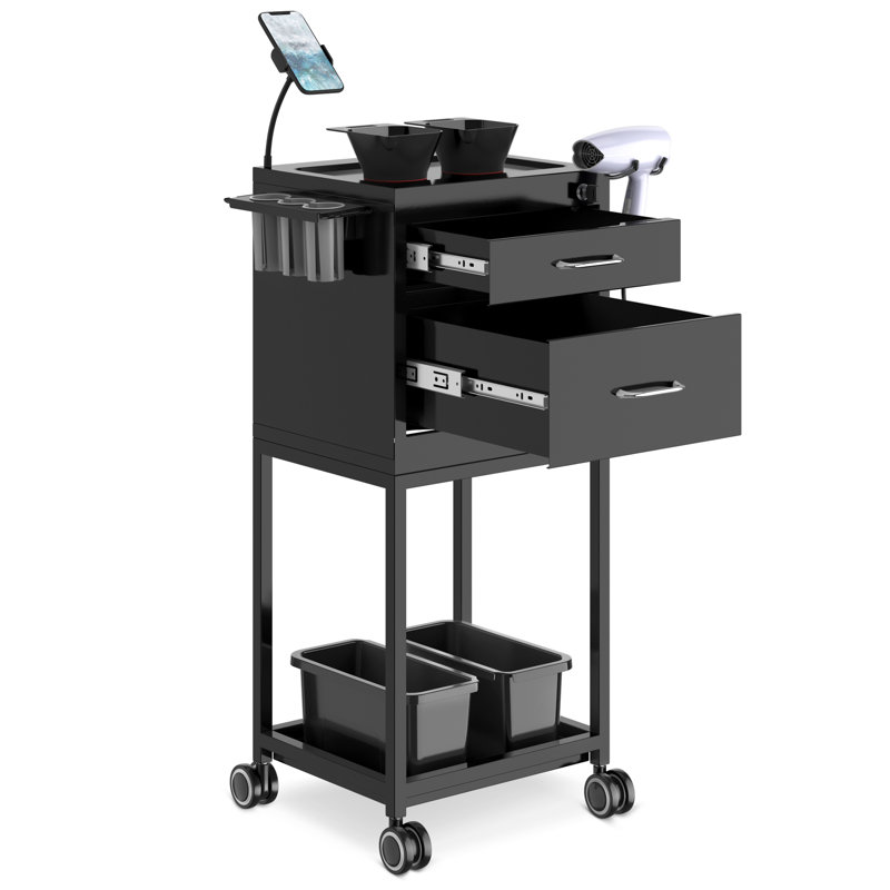 Rolling Craft Cart Metal Storage Cart with Lockable Drawer Salon SPA Trolley, Black