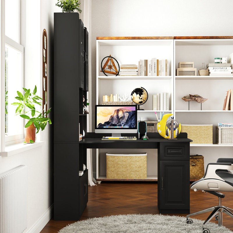 L-Shaped Corner Computer Desk with Drawers, Bookshelf and Hutch, Black, 76.77'' H X 42.71'' W X 28.26'' D