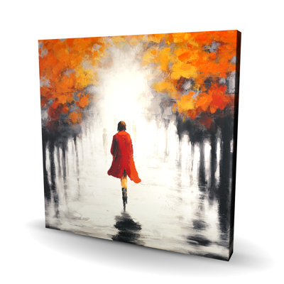 Woman with a Red Coat by Fall - Gray Seasons Canvas Art