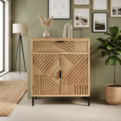 Wood Accent Storage Cabinet with 1 Drawer & Interior Shelf, Geometric Carved MDF & Solid Wood Sideboard