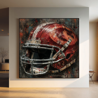 Extra Large Wall Art Fabric Print - Grunge Red American Football Helmet Close-Up with Distressed Sports Equipment and Urban Street Style Energy for Living Room or Bedroom - "Frame Assembly Required (Unfinished Frame)"