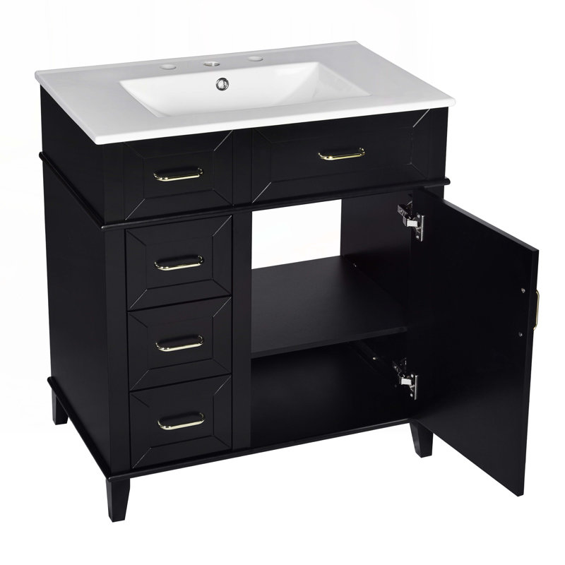 Meuble-lavabo de rangement avec lavabo en céramique, Noir, noir, noir, noir