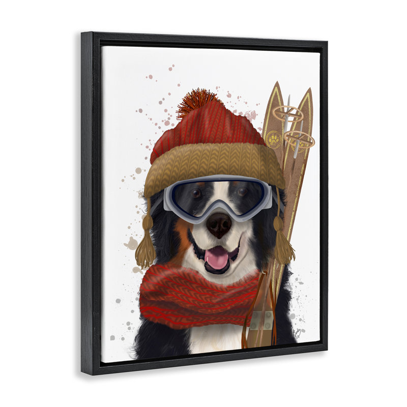 «Happy Skiing Dog» par Fab Funky, H 21 po x l 17 po, Cadre flottant noir de jais