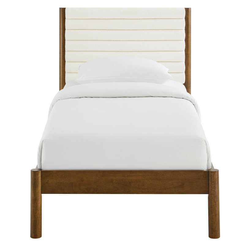 Olea Channel Tufted Boucle Solid Wood Platform Bed, Feather Walnut, Twin