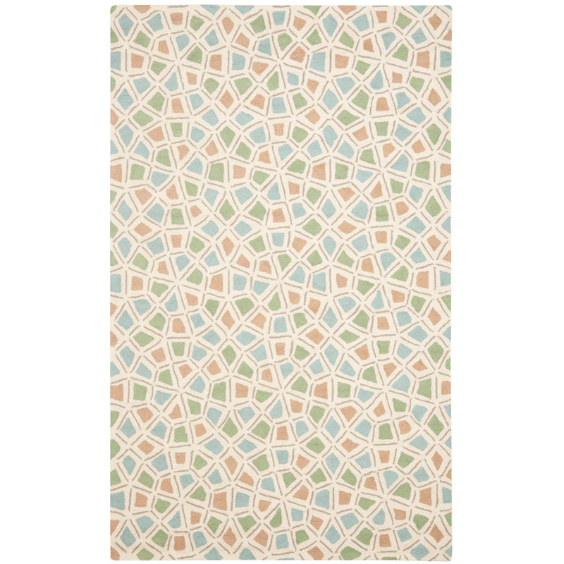 Spring Wheel Geometric Handmade Tufted Cotton Blue/Beige Area Rug, Rectangle 5'6" x 8'6"