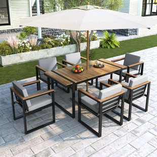 Ensemble repas d'extérieur 7 pièces avec coussins amovibles pour le patio, la cour et les rassemblements de jardin, bois d'acacia durable et structure en acier