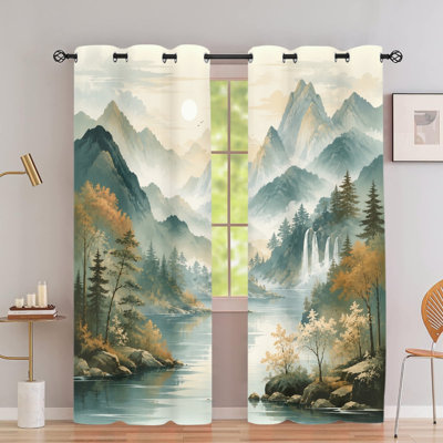 2 PCS rideaux occultant avec œillets, rideaux pittoresques avec paysage de rivière en cascade, isolation thermique, réduction du bruit, protection de la vie privée, traitement de fenêtre obscurcissant pour la chambre à coucher, cuisine, intérieur, 