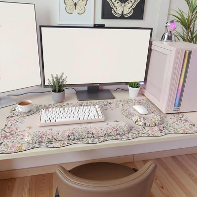 Tapis de clavier beige pour espace de travail 35,4 po x 15,7 po | Élégant sous-main ergonomique avec repose-poignet pour clavier, ensemble de tapis de souris pour poste de travail d'ordinateur