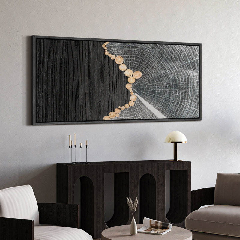 Impression sur toile encadrée, anneaux d'arbre gris et effet grain de bois, H 30 po x l 60 po, Noir, noir, noir, noir