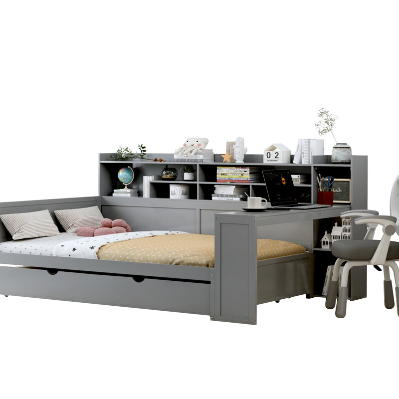 Lit de jour double en bois gris, équipé d'un lit gigogne simple, d'un bureau d'étude et de rangement pour économiser de l'espace
