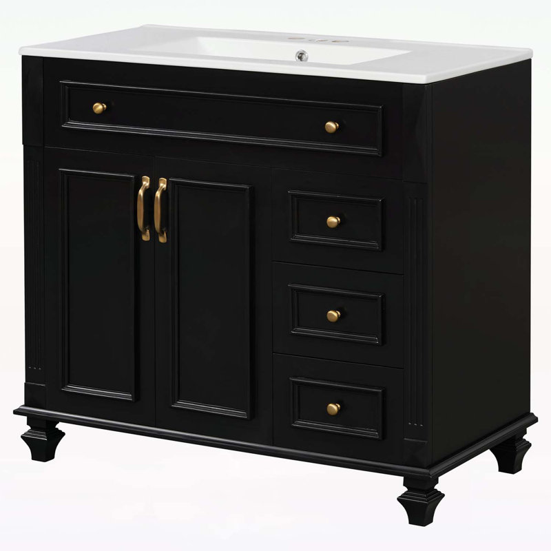 Meuble-lavabo sophistiqué avec rangement abondant et attrait élégant, Noir, Doré