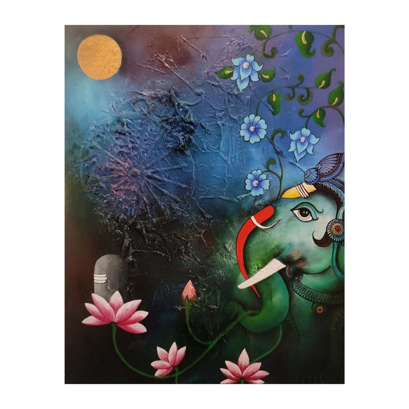 Lord Ganesha avec Shiva Linga | Technique mixte sur toile | Par Mohit Bhardwaj