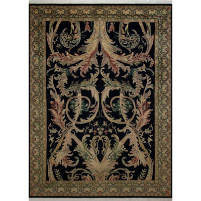 Tapis unique en laine noué à la main bleu marine / ivoire / vert des années 2010 de 10 pi 3 po x 14 pi 4 po Magalli