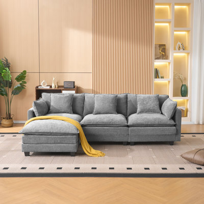 gray color  3-seat combo sofa with ottoman for living room apartment bedroom and compact room, Upholstered sectional Couch, L Shaped Bench with ottoman