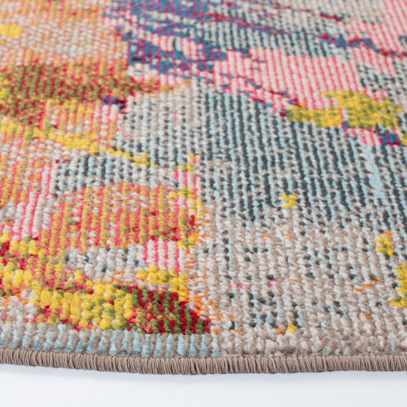 Felty Abstract Blue/Orange/Yellow Area Rug, Round 6'7"