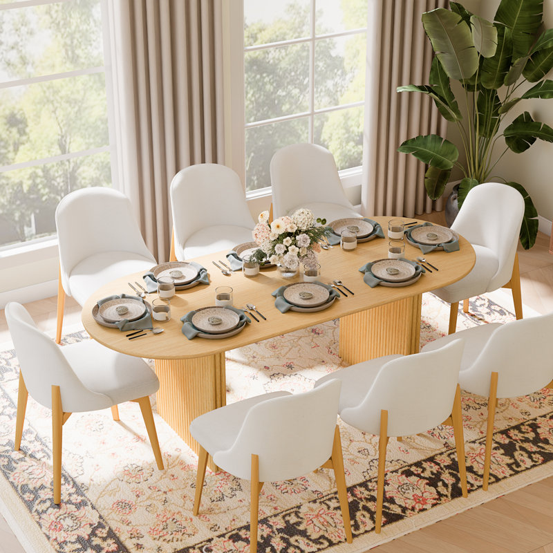 Ensemble 9 pièces de table de salle à manger ovale avec table de 79 po et 8 chaises rembourrées en tissu pour les meubles de cuisine et de salle à manger modernes