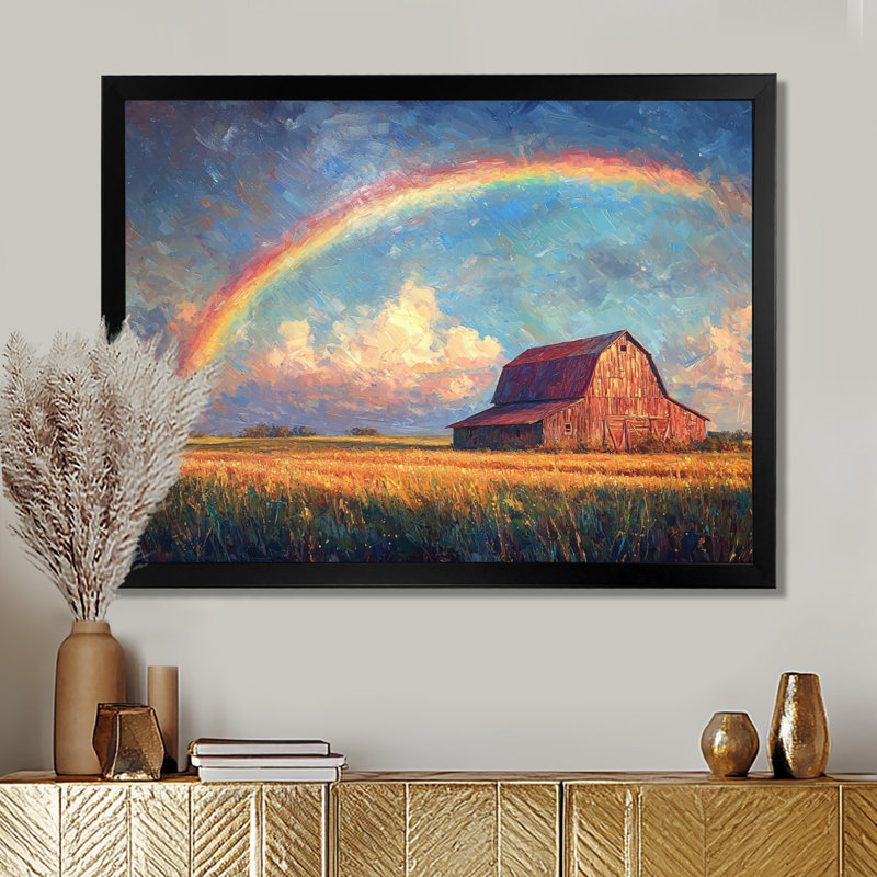 Arc-en-ciel au-dessus de la ferme I - art mural arc-en-ciel, H 34 po x l 44 po, Toile tendue