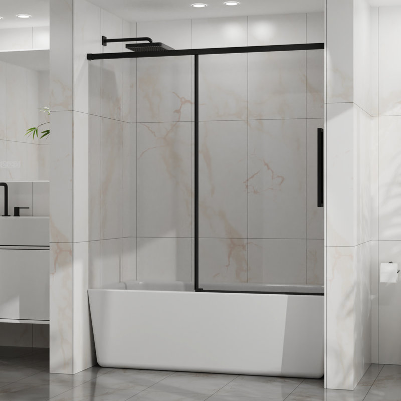 Semi - Matte Black Sliding Bathtub Shower Door, 6Mm Tempered Glass, Adjustable Width 56" 60", Waterproof Seal Strip, Smooth Operation 60" W X 58" Hsliding Door6mm Glassexplosion Proof Coatingsmooth
