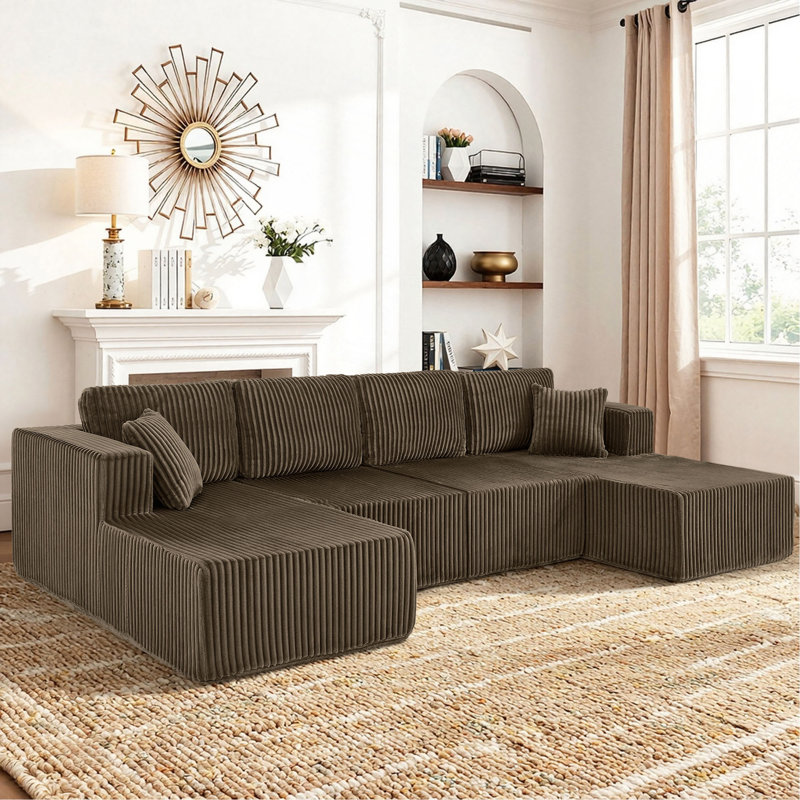 U-Shaped Modular Sectional Sofa [SIZE UPGRADED], Modern Minimalist Corduroy Compressed Sleeper Couch, Extra Spacious Design For Living Room/Bedroom, Comfy Space-Saving Sofa