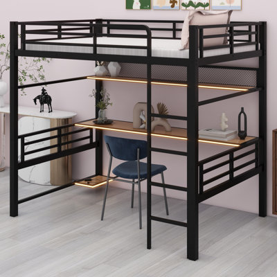 Metal Loft Bed Frame With Storage Shelf And LED Light