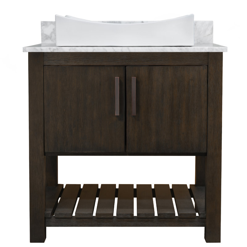 Meuble-lavabo de 30 po avec comptoir en marbre de Carrare, lavabo en porcelaine, quincaillerie bronze huilé