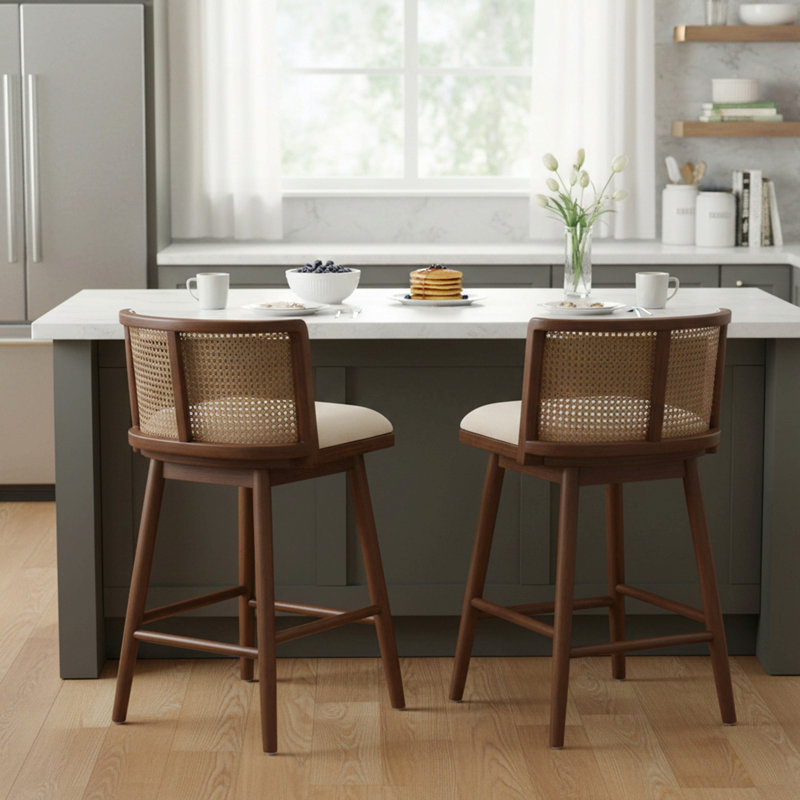 Ensemble de 2 tabourets de comptoir d'intérieur en bois rembourrés, chaise de bar, structure en noyer foncé avec revêtement beige
